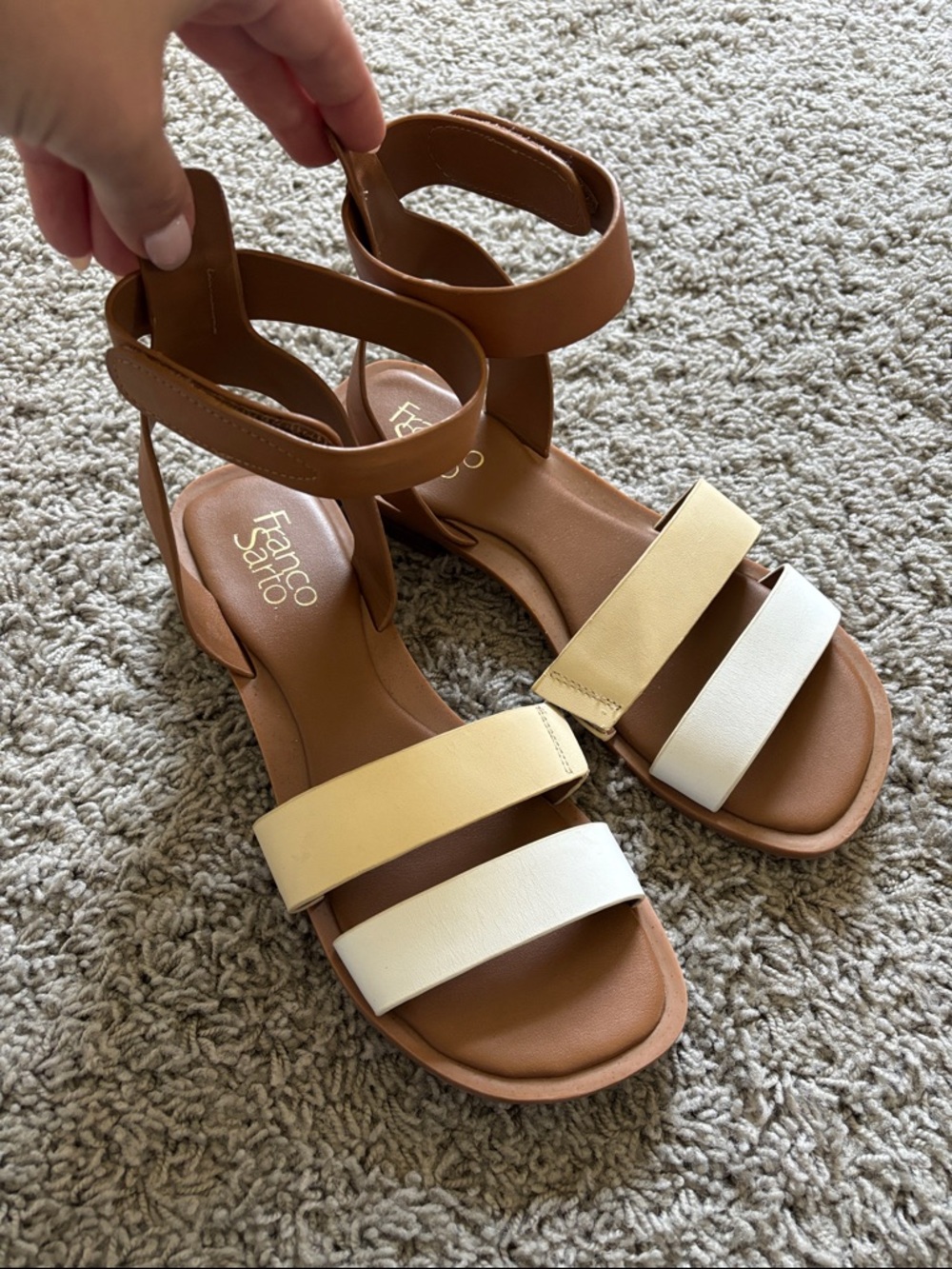 Franco Sarto Palesa Brown Sandals with Cream and Pale Yellow Straps